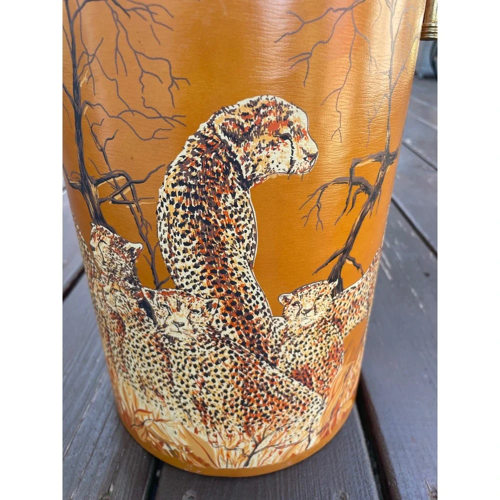 Vintage Cheetah Wildlife Ice Bucket Mid Century Modern Orange‎ Vinyl Barware